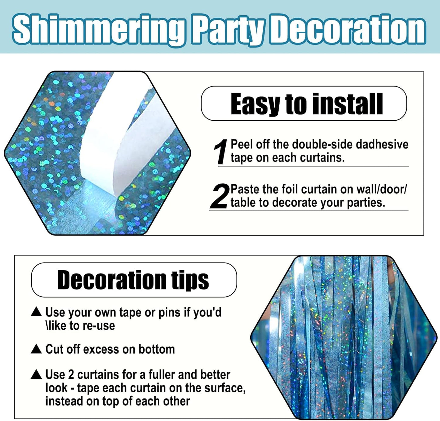 3 Pack Light Blue Foil Fringe Curtain Backdrop, 3.28Ft x 8.2Ft Metallic Tinsel Foil Fringe Streamer Curtains for Photo Booth, Mother's Day, Easter, Birthday, Wedding Party Decorations