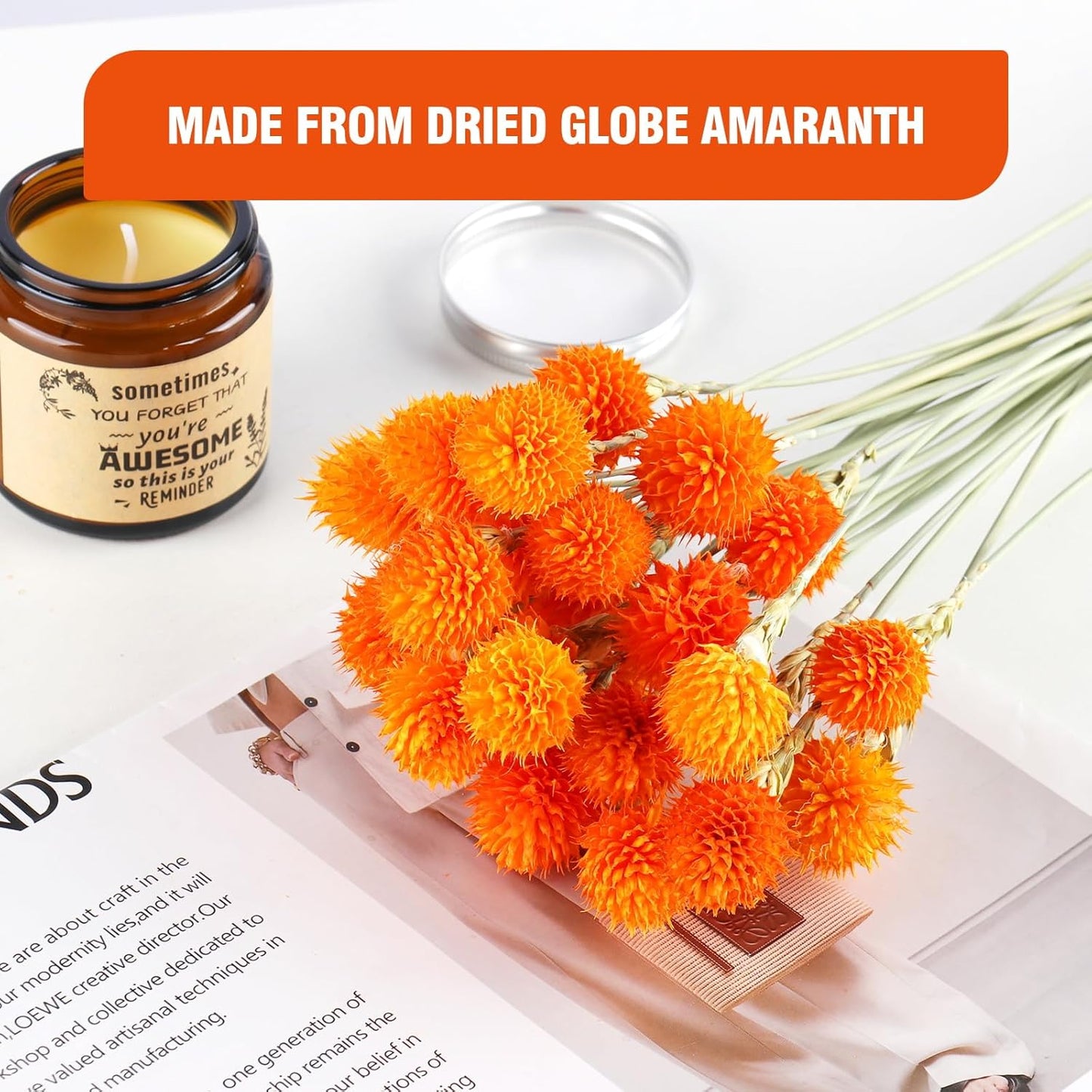 Dried Globe Amaranth Flower with Wheat Straw Natural - 40PCS Bouquet for Vase Home Decor Party DIY Arrangement (Orange)