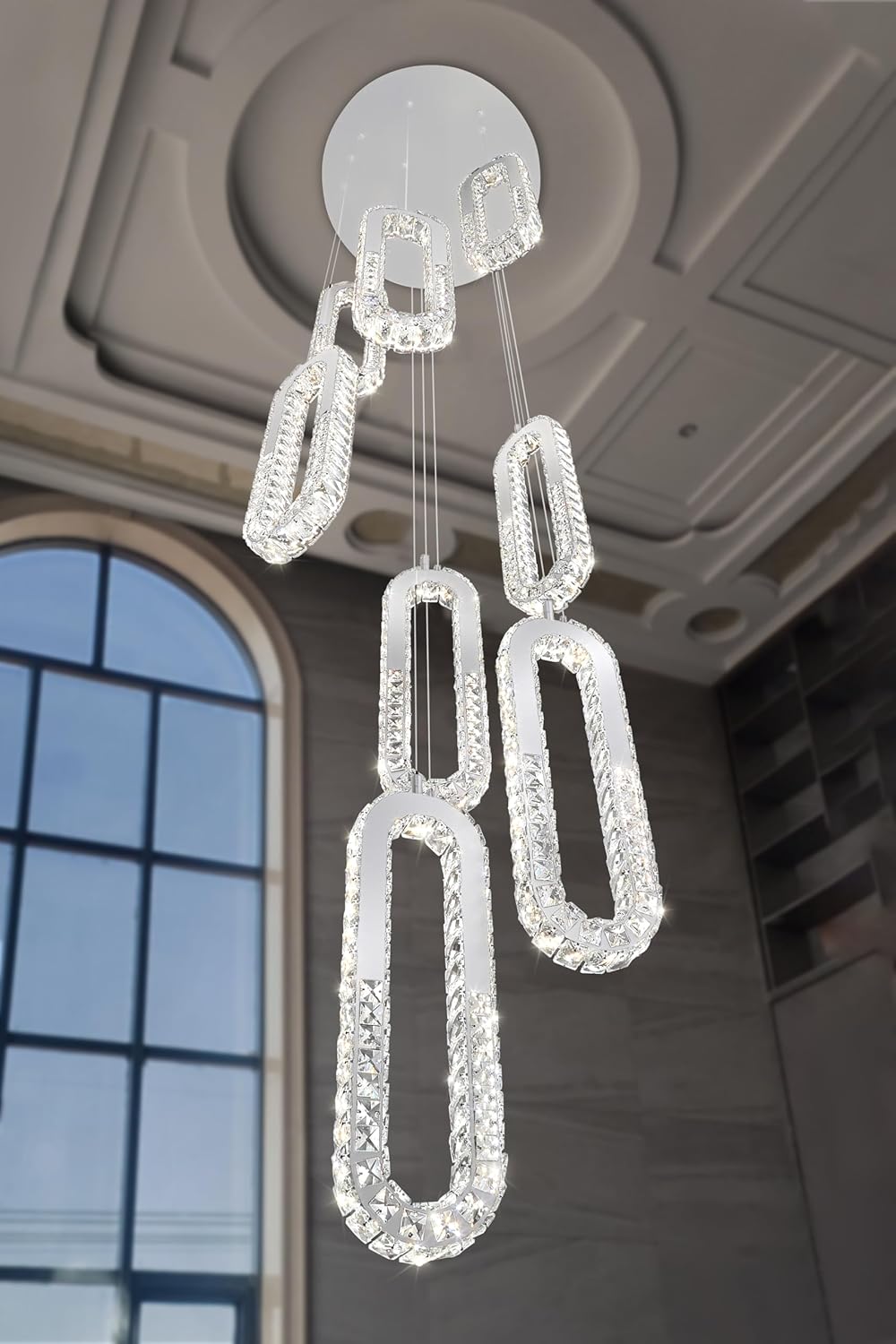 8 Rings Crystal Chandelier,H 118" Modern Silver Pendant Light Luxury Foyer Lighting Fixture High Ceiling Chandelier for Entryway,Staircase,Living Room,Villa LED Dimmable 2700K-6000K