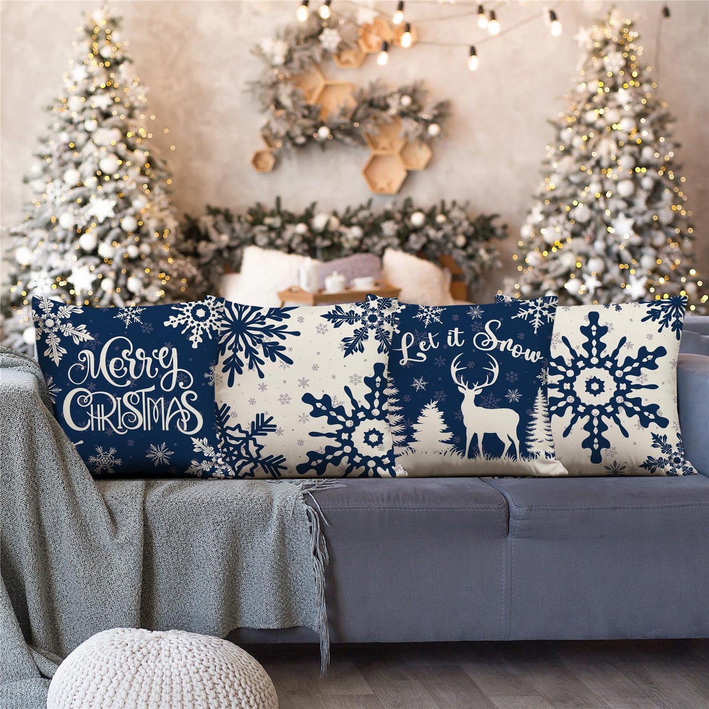 Christmas Pillow Covers 18x18 Blue Christmas Decorations Snowflake Reindeer Throw Pillow Covers Xmas Tree Winter Holiday Decor Cushion Case for Sofa Couch Set of 4