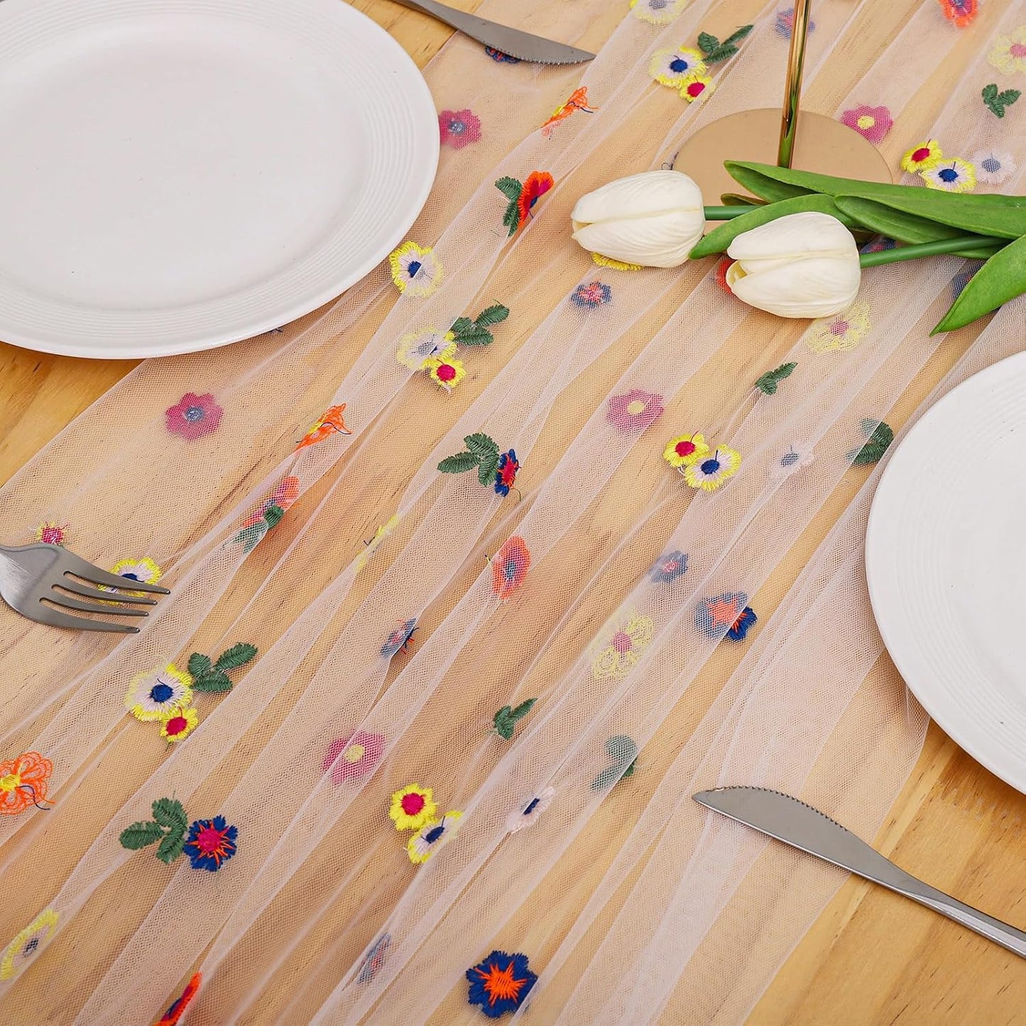 BINBE 12pcs Daisy Fall Table Runner Embroidery Gauze 10FT Florals Seasonal Tulle Holiday Birthday Kitchen Dining Table Decor for Home Party Ivory