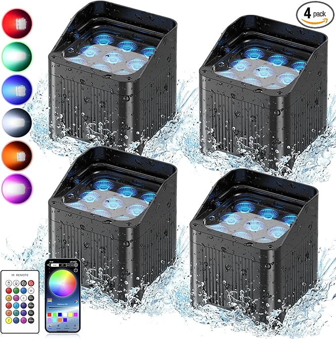 Rechargeable Battery Powered Uplights Waterproof 9X18W LED Par Lights RGBWA+UV 6in1 Full Color APP DMX Stage uplighting with Remote for Event Wedding Party DJ Show Church Halloween Christmas (4 Packs)