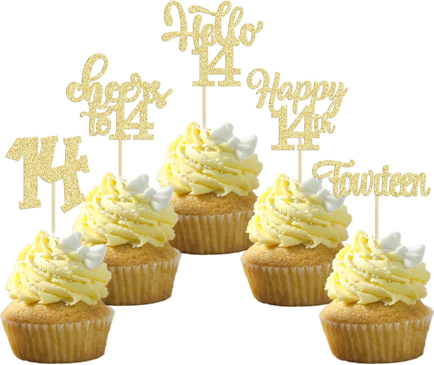 30Pcs 14th Birthday Cupcake Toppers Hello 14 Cupcake Picks Fourteen Cheers to 14 Years Old Cake Decorations for 14th Birthday Anniversary Party Supplies Gold Glitter