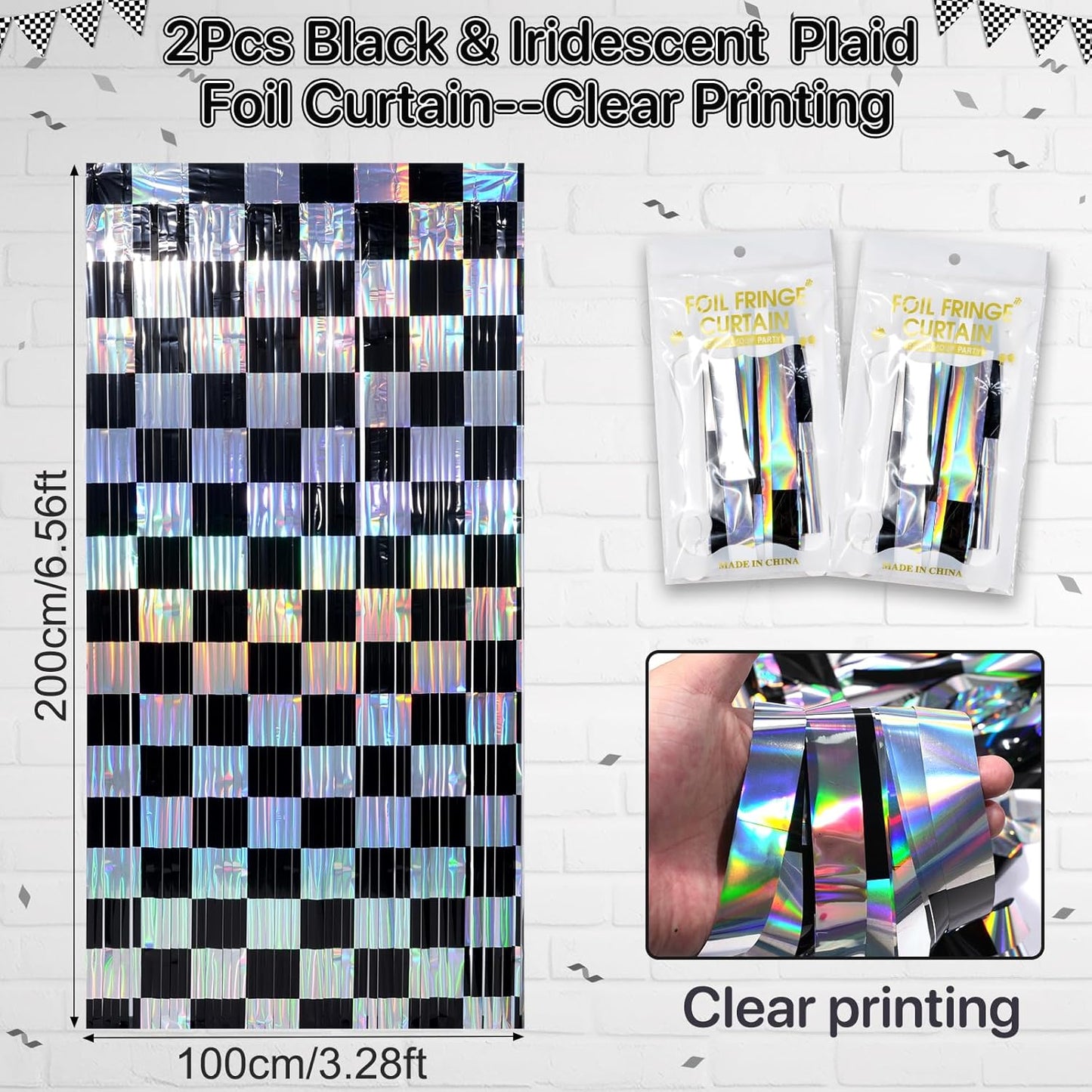 2 Pack 3.3Ft x 6.6Ft Race Car Checkered Foil Fringe Curtain Backdrop Decorations, Black Iridescent Metallic Tinsel Foil Streamers Curtain Photo Booth for Race Car One Happy Dude Birthday Party Decor