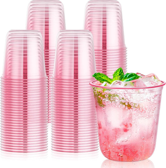 DI QIU REN 100PCS 12 OZ Pink Plastic Cups Pink Cups Disposable Wine Glasses Round Bottom Plastic Cup Martini Party Cup for Birthday Wedding Meeting Valentines Baby Showers Picnic Festive Celebrations