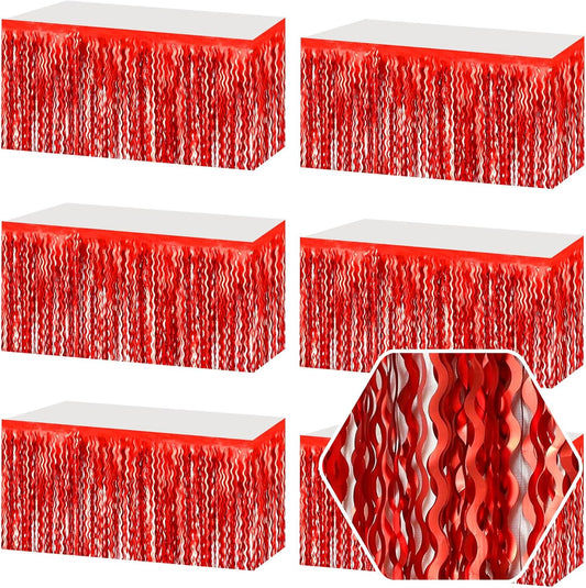 6 Pack 29 x108 Inch Red Wave Foil Fringe Table Skirts Metallic Banner for Tinsel Streamer Garland Backdrop for Parade Floats, Mother's Day, Easter, Wedding, Birthday Party Decoration