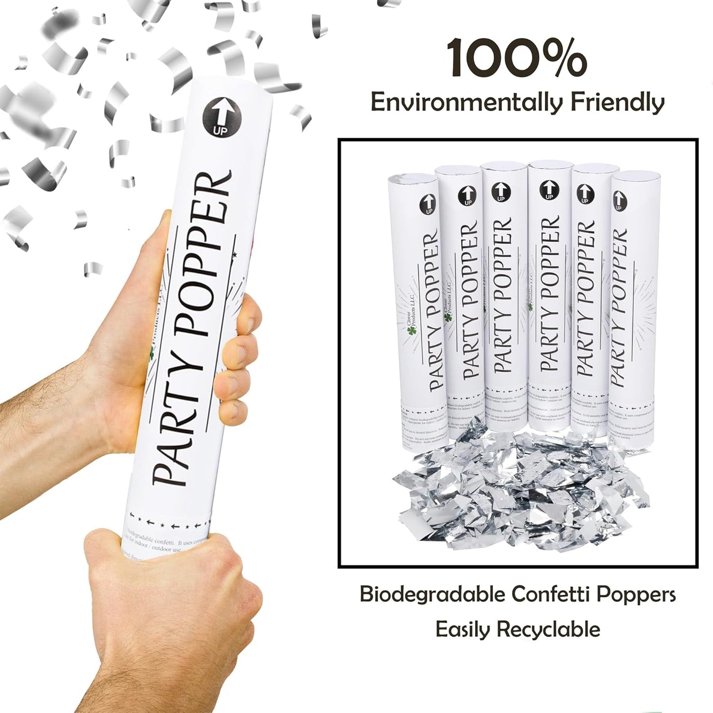 Confetti Cannon 12" – 6 Pack Silver Mylar Confetti Poppers | Party Poppers for Weddings, Birthdays, Graduations & Events | Air-Powered, Safe & Easy to Use | Shoots 25 Feet Indoor & Outdoor