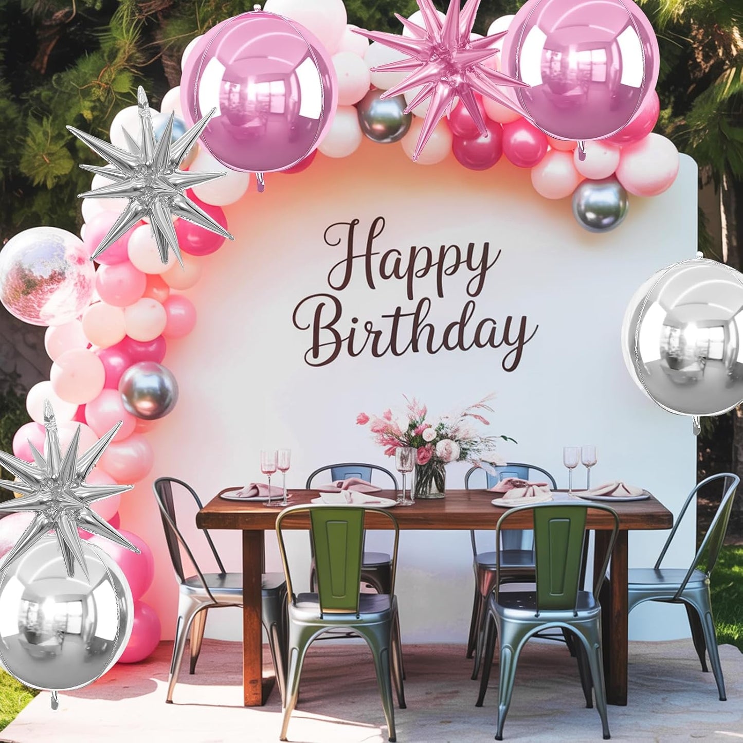 6Pcs Pink Silver Foil Balloons,22Inch Light Pink Silver 4D Round Ball Balloon and Explosion Star Balloon for Birthday Wedding Baby Shower Anniversary Decorations