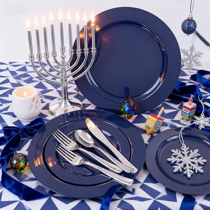 FLOWERCAT 100PCS Blue Plastic Plates - Heavy Duty Blue Disposable Plates for Possover Party/Wedding/Hanukkah - Include 50PCS 10.25inch Dinner and 50PCS 7.5inch Dessert/Salad Plates for 50 Guests