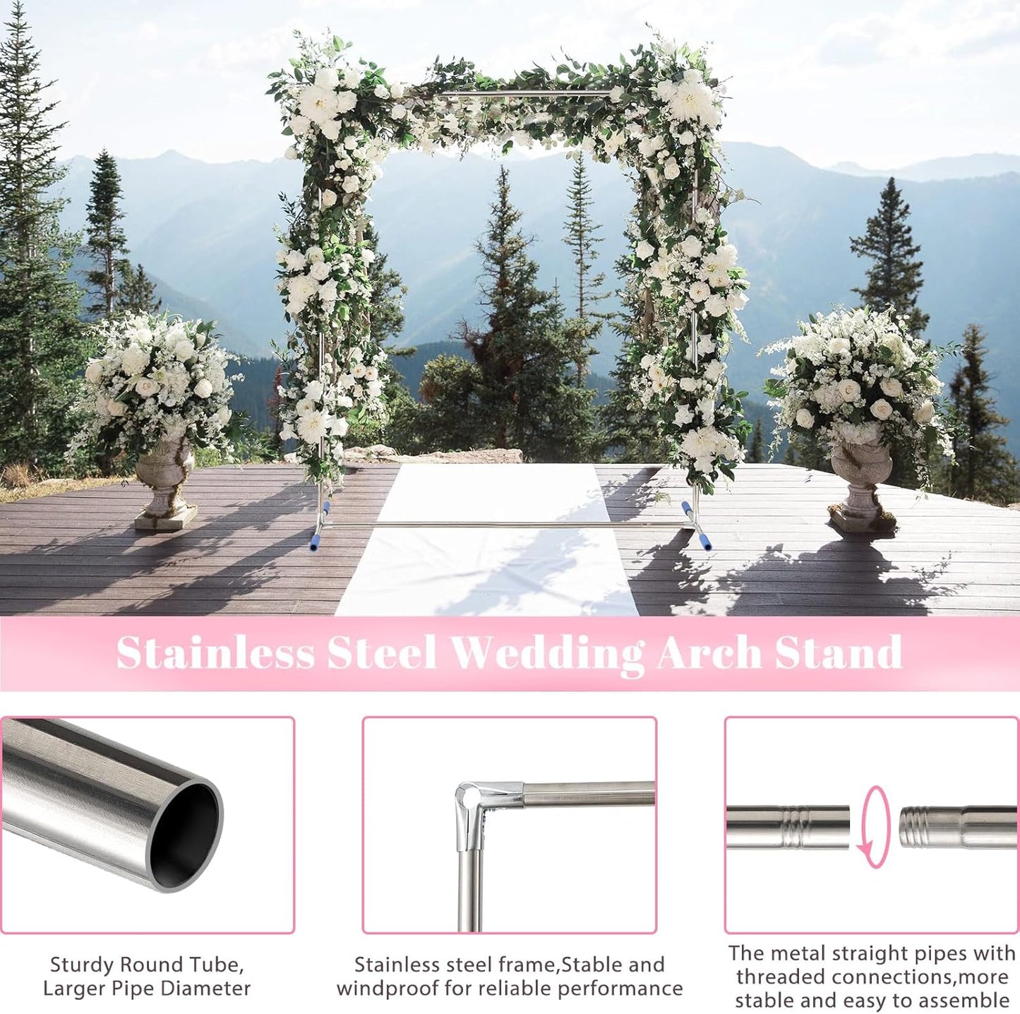 Wedding Arch Backdrop Stand,7x4 FT Metal Arch Backdrop Stand for Ceremony Square Stainless Steel Arched Frame Decoration for Wedding,Birthday,Party,Anniversary,Baby Shower,Garden Decorations