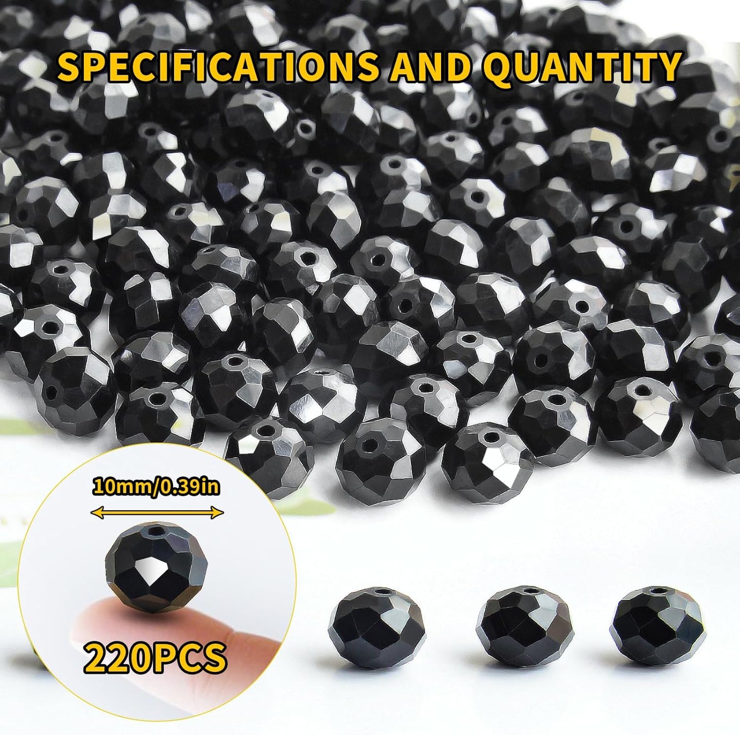 220 Pcs 10mm Round Crystal Glass Beads for DIY Jewelry, Ideal for Bracelets, Necklaces, Pendants, and Handmade Craft Projects(Black)