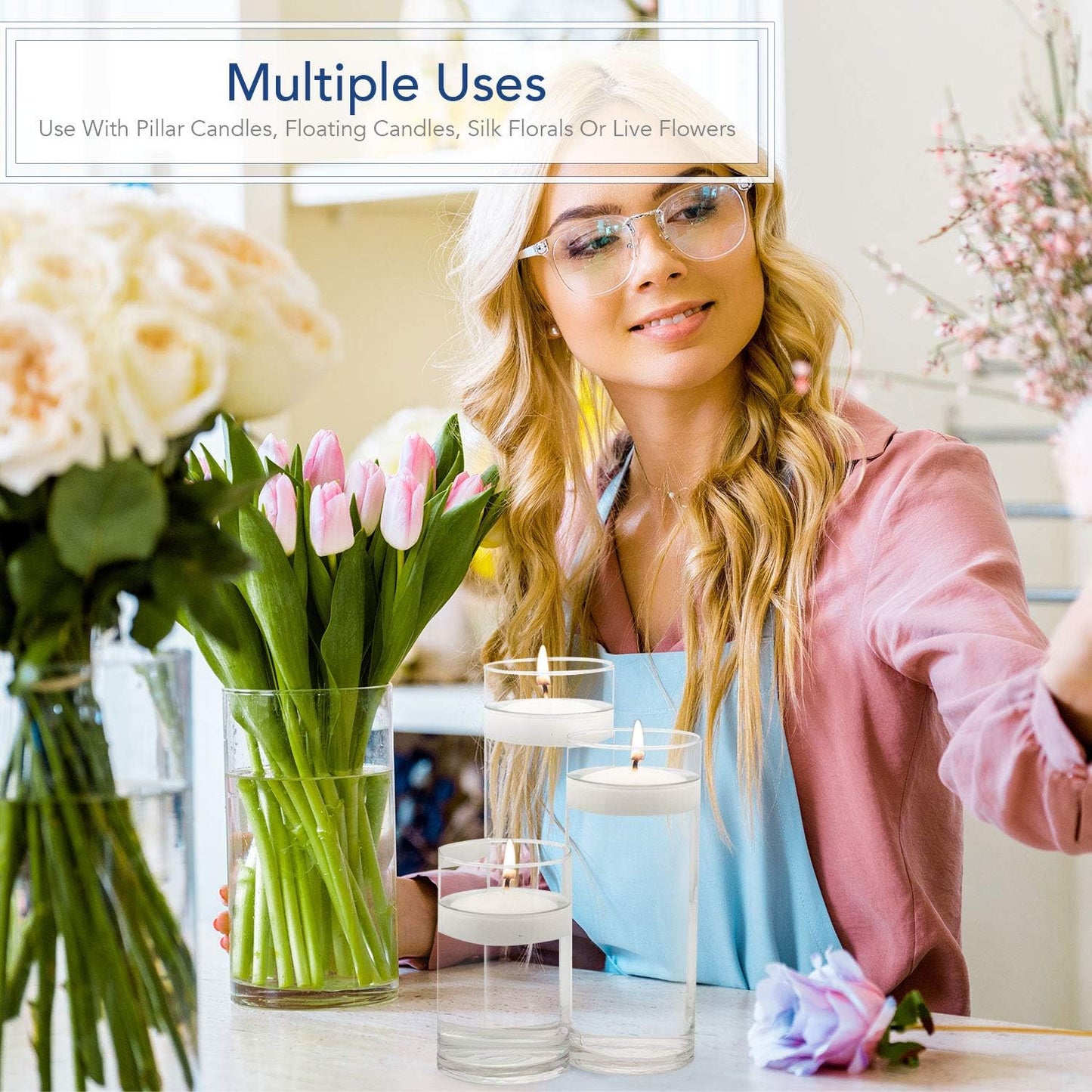 Royal Imports Glass Cylinder Flower Centerpiece Vases Set of 3 - Hurricane Candle Holder Pillar, Floating, Tealights - Use for Floral, Wedding, Home Decor, Holiday Includes 3 Floating Candles