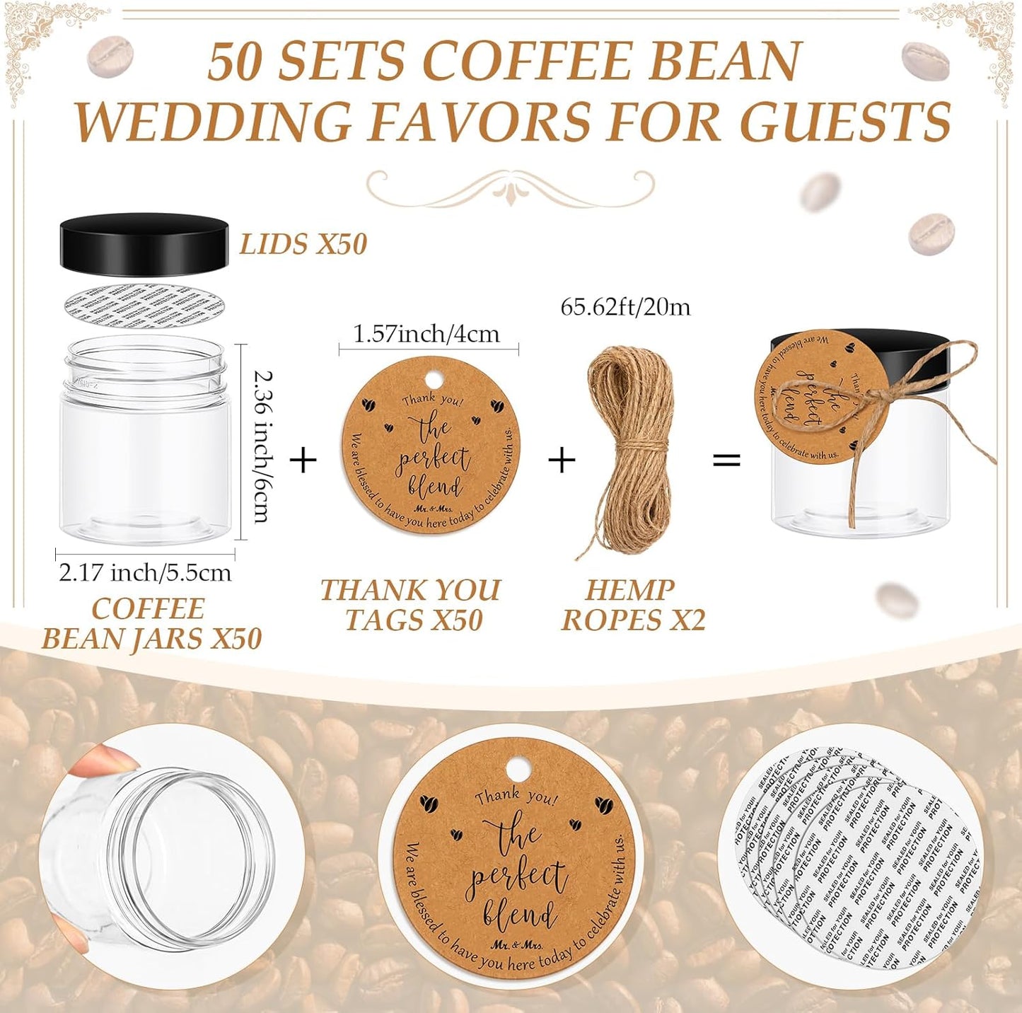 102 Pcs Coffee Bean Wedding Favors for Guests 50 Coffee Bean Jars with Lids 50 Thank You Tags Wedding Tags with Hemp Ropes Thank You Gifts, No Beans