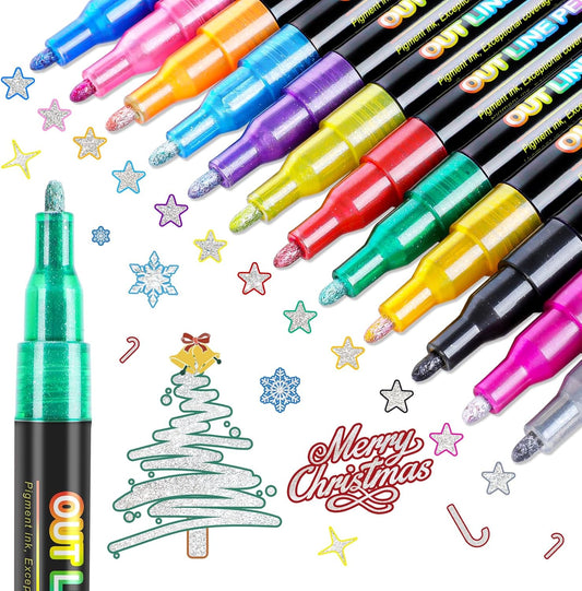 FUMILE 12 Colors Double Line Outline Markers,Glitter Markers for Kid Teens,Self Outline Metallic Markers for Art Supplies,Metallic Glitter Pen Set for Teen Girl.