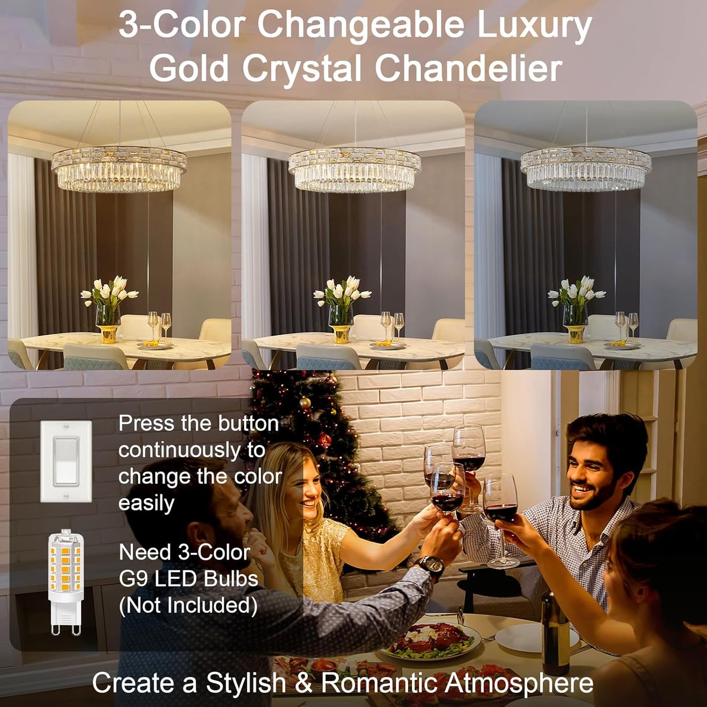 Crystal Chandelier, 31" 12-Light Large Chandelier for Living Room, Round Gold Chandeliers for Bedroom, High Ceiling Chandeliers, Foyer Lighting Fixtures Hanging Lights Dimmable