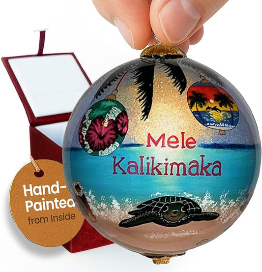 Hawaiian Ornament Christmas Under Palm Trees: Collectible Hand-Painted Glass Keepsake with Gift Box