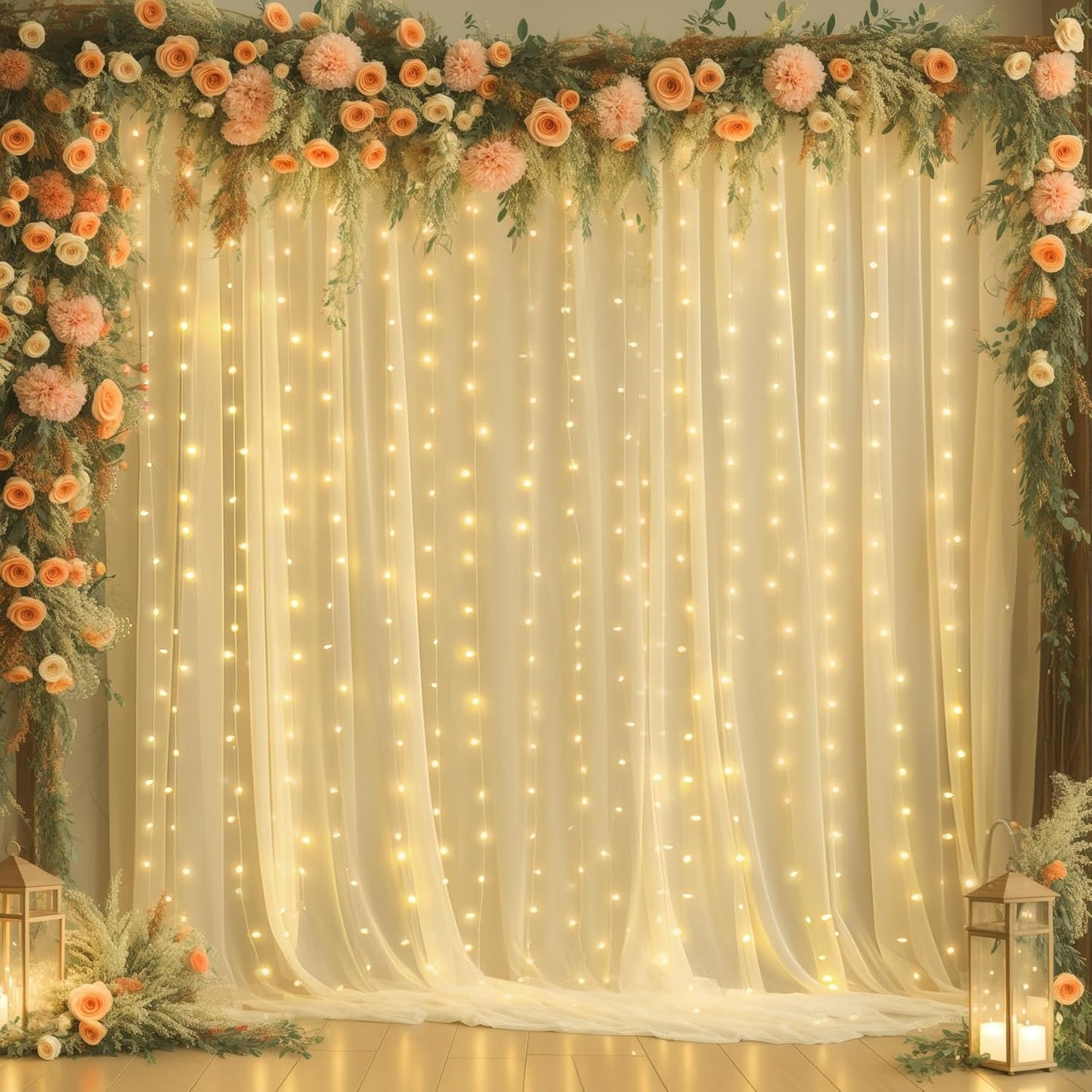 gogoparti 20x10ft Champagne Tulle Backdrop Curtains with Lights for Party Wedding Baby Shower, Sheer Wrinkle Free Backdrop Curtains for Birthday Party Photo Booth Background Decoration