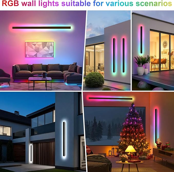47 in Modern Outdoor Wall Light, Waterproof Long Wall Sconce Musical Rhythm, LED RGB/White/Dimmable, Exterior Wall Light with Remote App for Party Gathering Outside Decor