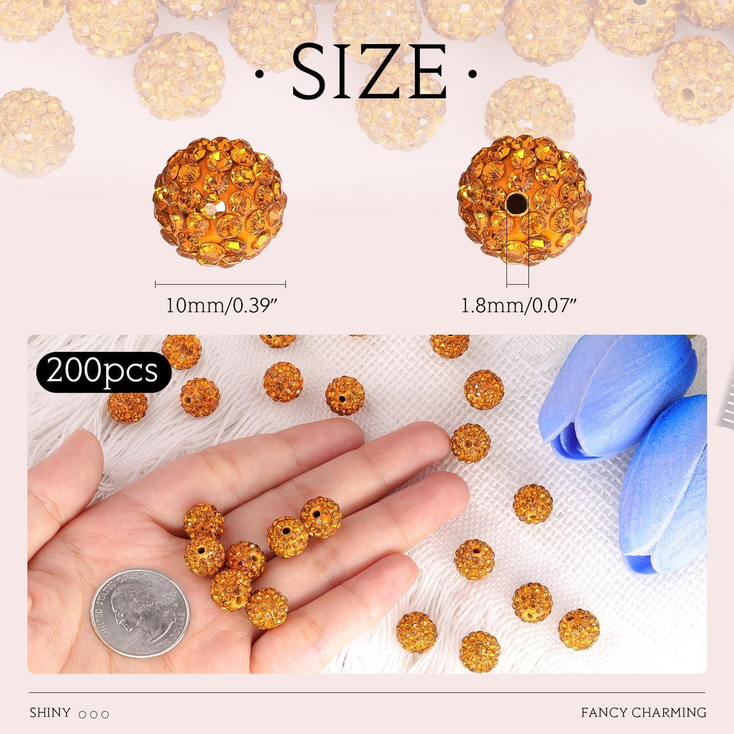 200pcs 10mm Golden Rhinestone Beads for Jewelry Making, Shiny Round Shamballa Disco Ball Beads Bulk, Sparkle Crystal Clay Christmas for Bracelet Baseball Necklace Earring Crafting and DIY