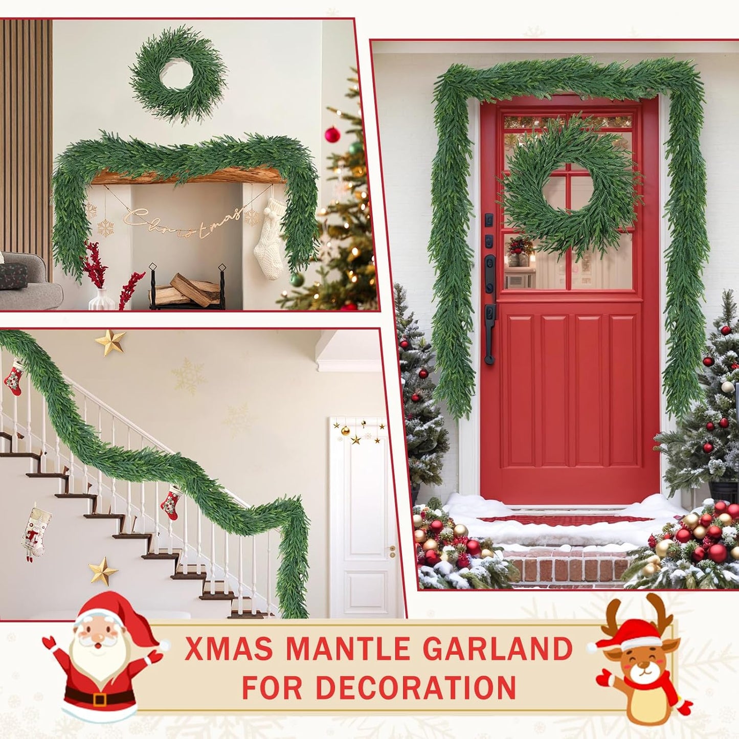 9 Ft Christmas Cedar Garland for Staircase Railing Real Touch Soft Bendable Faux Winter Xmas Greenery Pine Garlands Mantle Garland for Decoration for Table Fireplace Door Railing Wall Home Decor