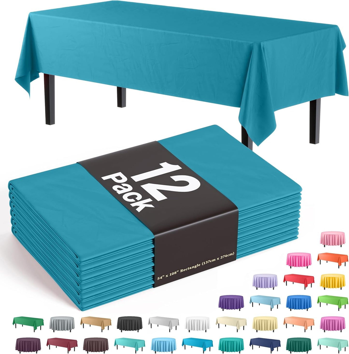 Party Solids Pack Of 12 Premium Plastic Tablecloth 54 Inch x 108 Inch Rectangle Table Cover - Turquoise