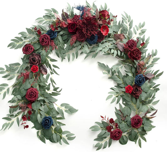 Ling's Moment Flower Garland - 6FT Eucalyptus & Rose - Sweetheart Table Decor for Wedding Reception, Artificial Floral Garland for Mantle, Thanksgiving, Christmas Decoration, Burgundy & Navy