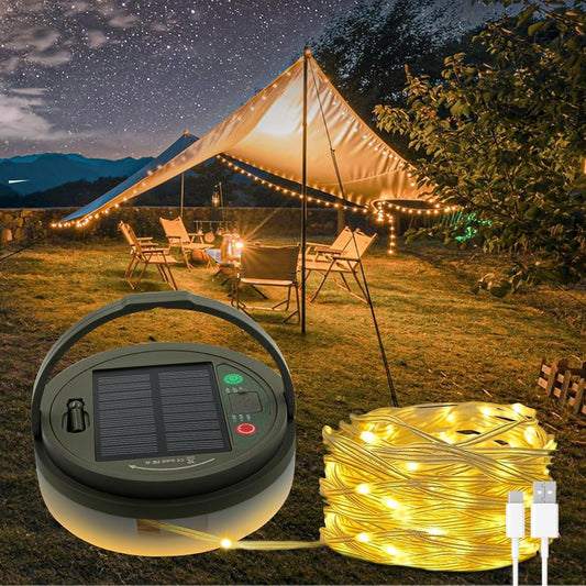 Solar Camping String Lights, 32.8FT Fairy String Lights 130LEDs, 4 In 1 Portable Waterproof Camp Lamp with 8 Mode, Hanging Rechargeable Tent Lantern for Awning Garden Yard Party Christmas Decorations