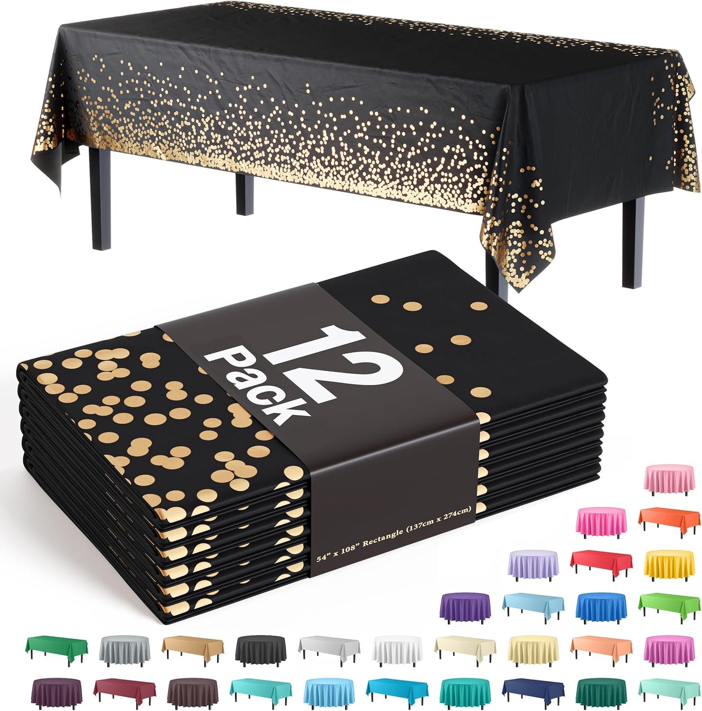 Party Solids White and Gold Tablecloth Pack Of 12 New Years Plastic Tablecloth Black and Gold Dot 54 Inch X 108 Inch Rectangle Table Cover Black and Gold Party Decorations