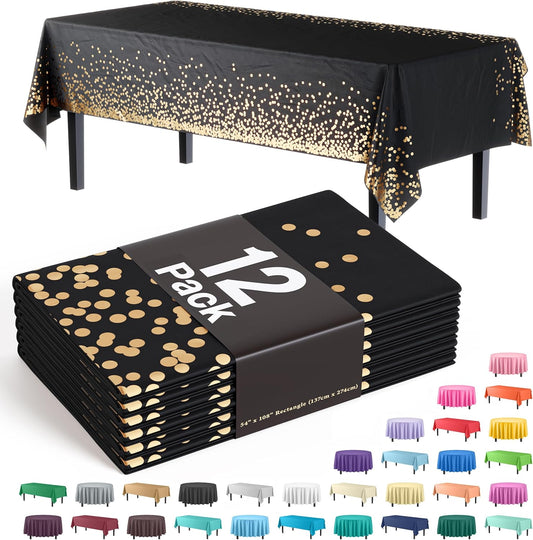 Party Solids White and Gold Tablecloth Pack Of 12 New Years Plastic Tablecloth Black and Gold Dot 54 Inch X 108 Inch Rectangle Table Cover Black and Gold Party Decorations