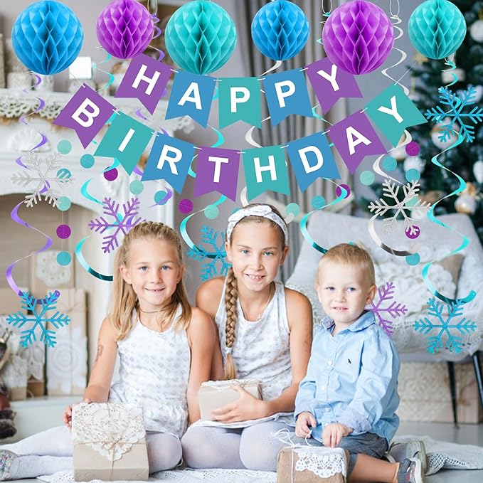 meowtastic Frozen Birthday Party Decorations - Happy Birthday Banner with Honeycomb Balls, Snowflake Hanging Swirls Streamers, Circle Dots Garland Decorations - Party Decorations for Boys Girls