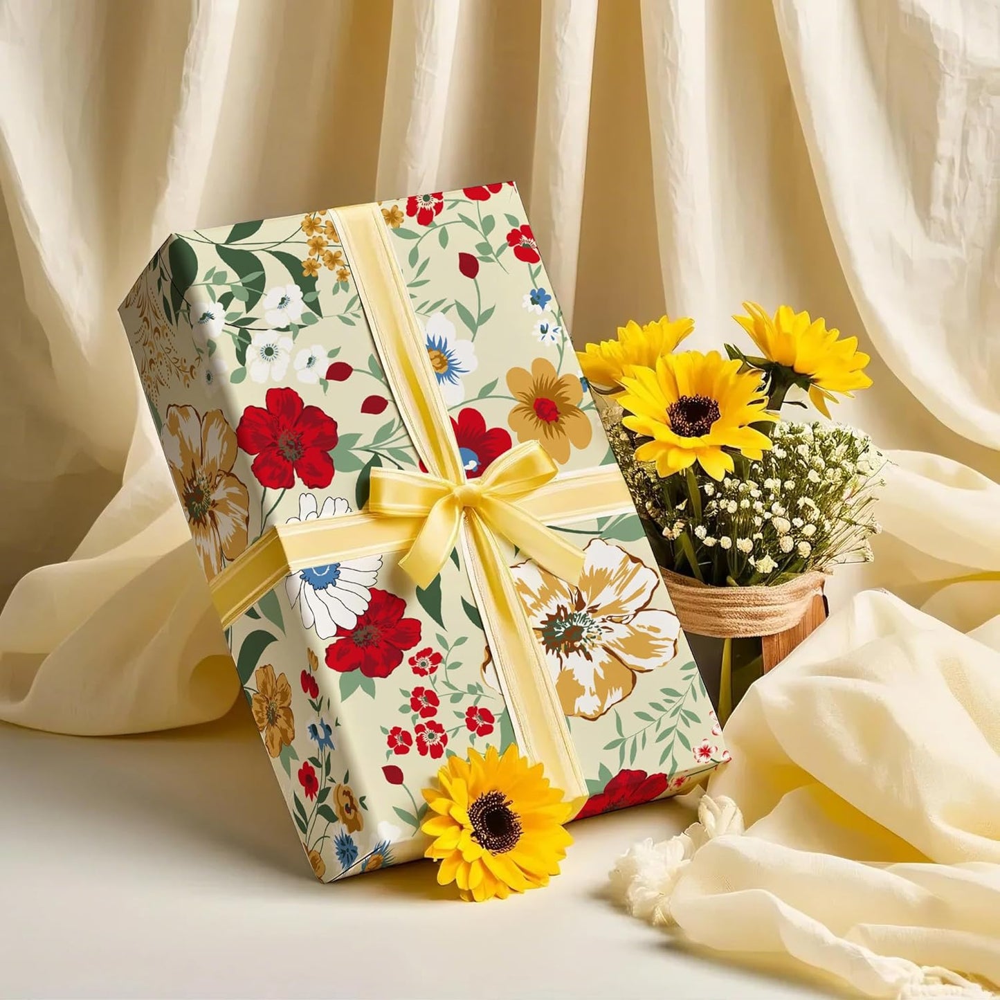 WRAPAHOLIC Floral Wrapping Paper Roll - Mini Roll - 17 Inch x 9.8 Feet - Wild Flower Wrapping Paper, Perfect for Girls Women Birthday, Wedding, Bridal Shower