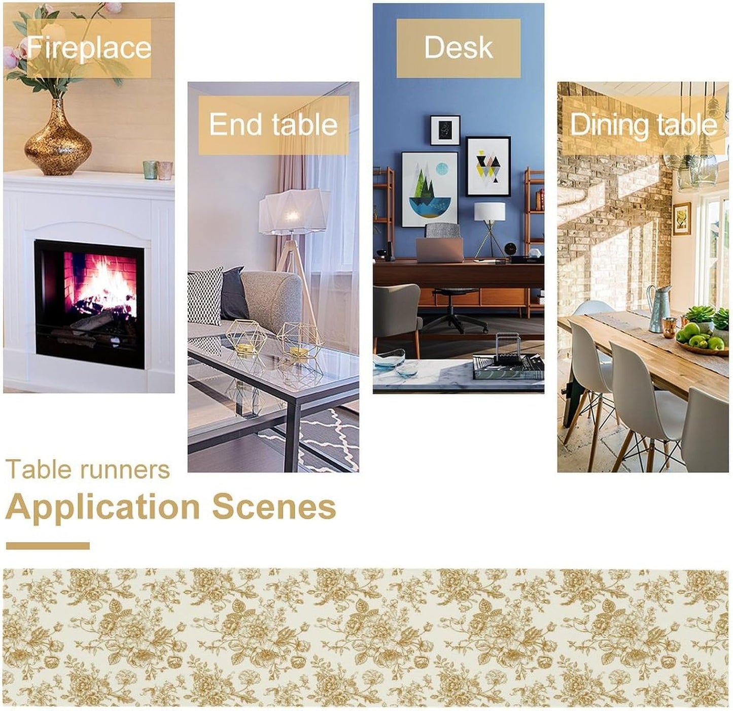 Retro Floral Table Runner, Golden White Wildfloral Sketch Print Kitchen Dinning Table Runner for Indoor Outdoor Home Wedding Party Holiday, 13x90 Inch