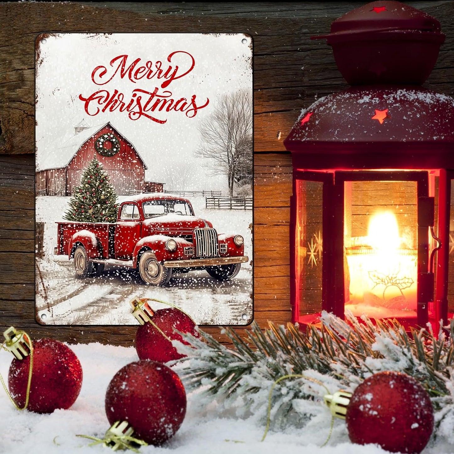 Vintage Christmas Red Truck Tin Sign Merry Christmas Truck Christmas Tree Metal Tin Sign Winter Rustic House Yard Xmas Pickup Holiday Wall Decorations Tin Sign 12x16Inch