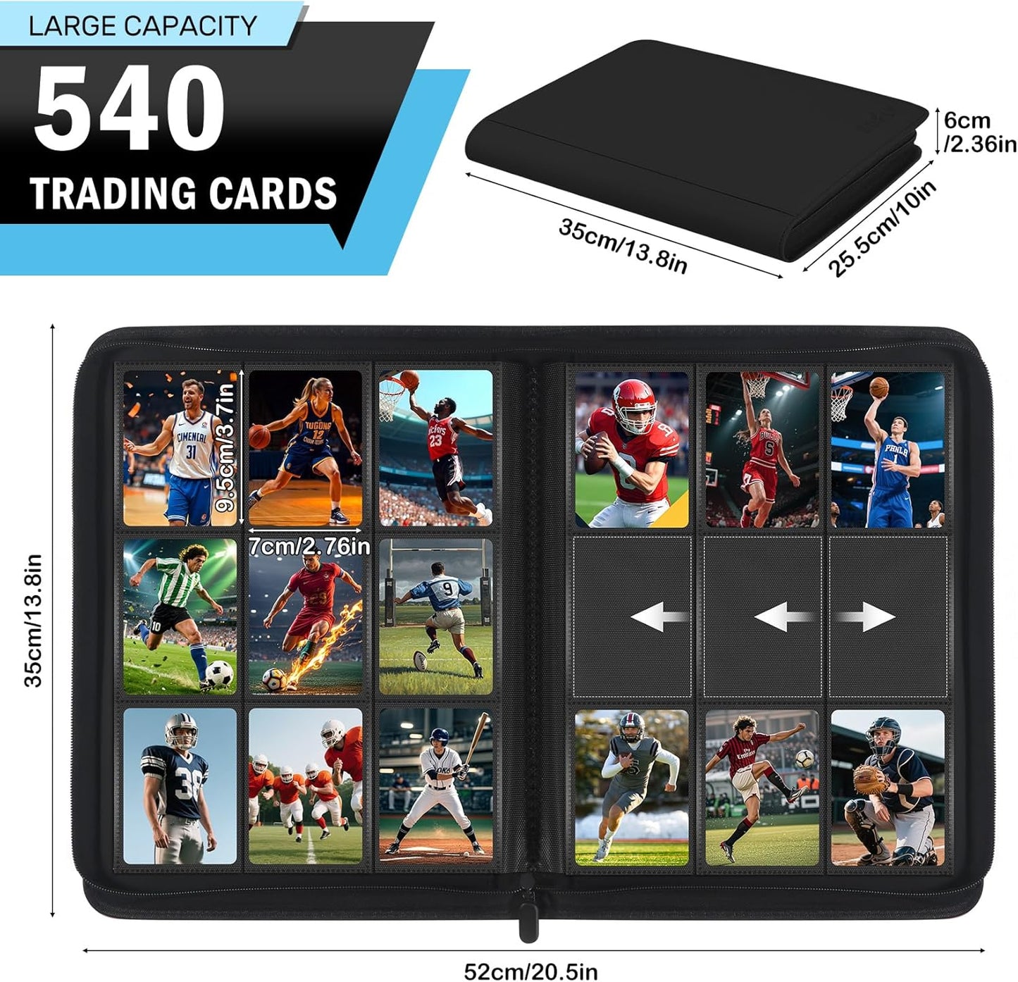 Trading Card Binder 9 Pocket, Zofly Zipper Card Collection Binder Album, Sturdy 540 Side-Loading Card Folder Holder for MTG, TCG, Sports Cards, Game Cards, Black