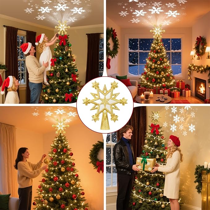 Christmas Star Tree Topper Lighted with 6 Projection Modes, 12-Pointed Star Christmas Tree Topper with Built-in LED Rotating Lights, Gold Christmas Tree Ornament for Xmas Holiday Decorations