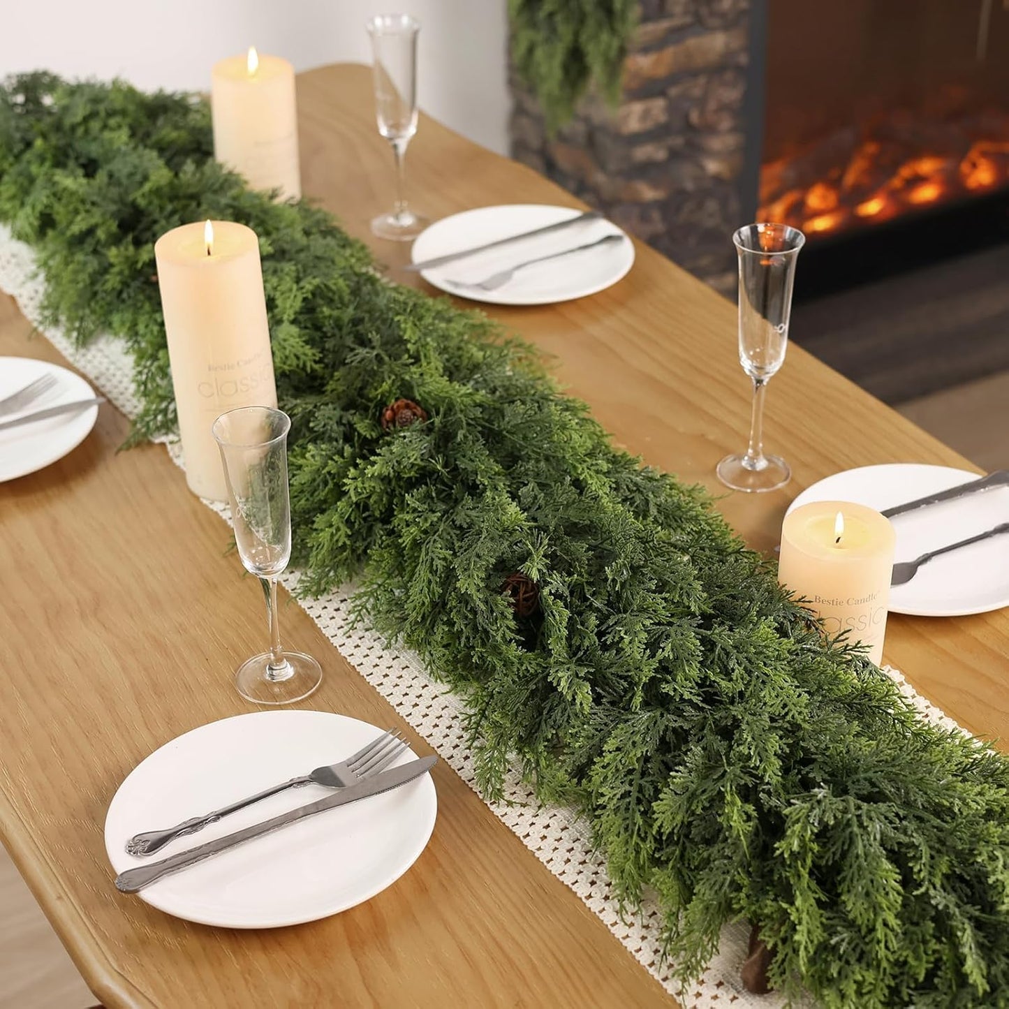Christmas Cedar Garland - 6ft Artificial Cedar Garland Faux Lush Green Fake Pine Needles for Fireplace,Table,Window,Stairs,Mante,Holiday Indoor Outdoor Xmas Decor(2PCS)