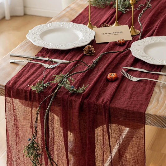 3pcs Burgundy Cheesecloth Table Runner Gauze 120 Inch 10 FT Rustic Boho Cheese Cloth Runner for Wedding Baby Shower Bridal Shower Engagement Birthday Party Long Sheer Home Decorations