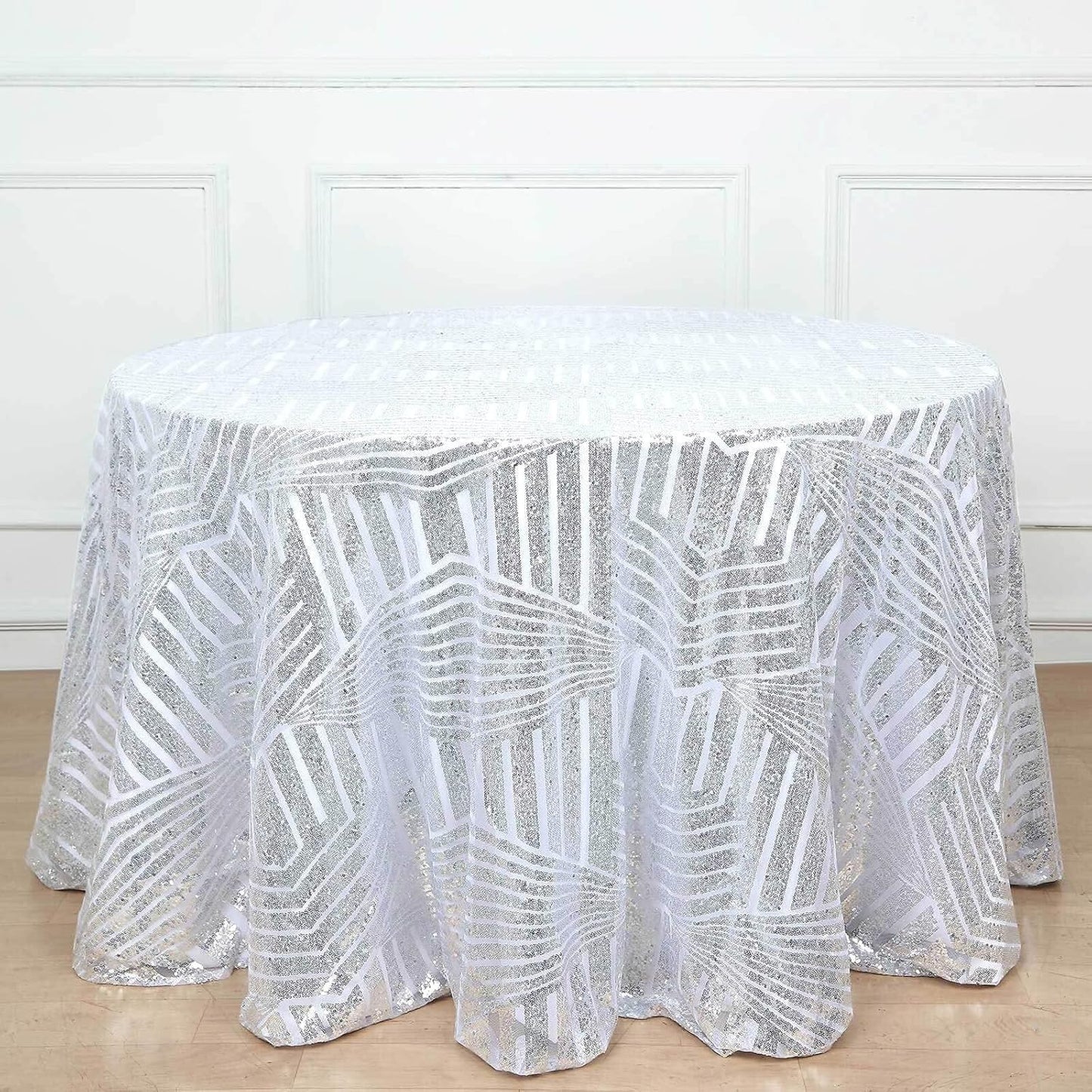 Efavormart 120" Silver Sparkly Sequin Geometric Tulle Round Tablecloth