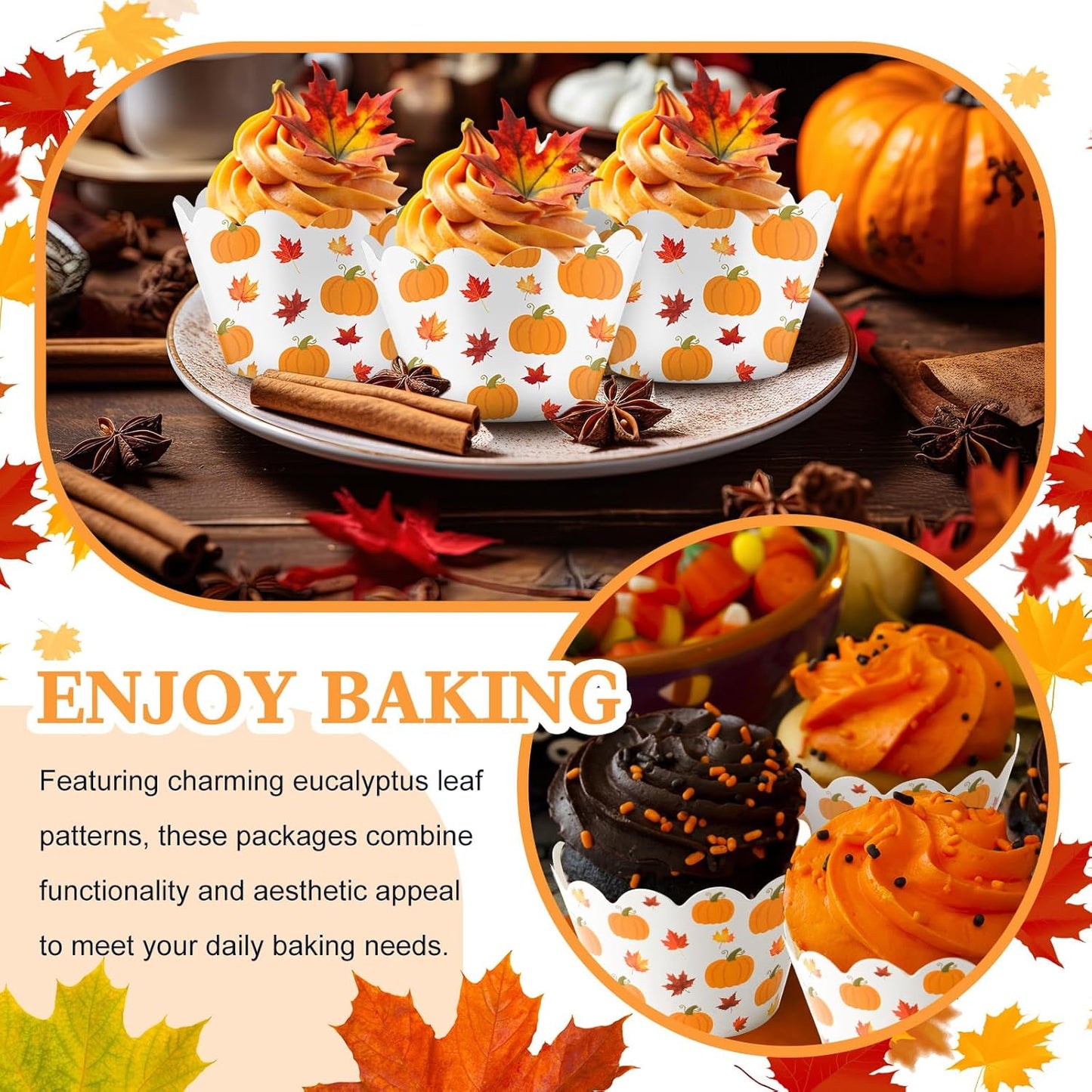 Domensi 100 Pcs Fall Pumpkin Maple Leaf Cupcake Wrappers Rustic Cupcake Liners Thanksgiving Baking Cups Baking Liners for Autumn Wedding Bridal Baby Shower Birthday Party Supplies Dessert Decoration