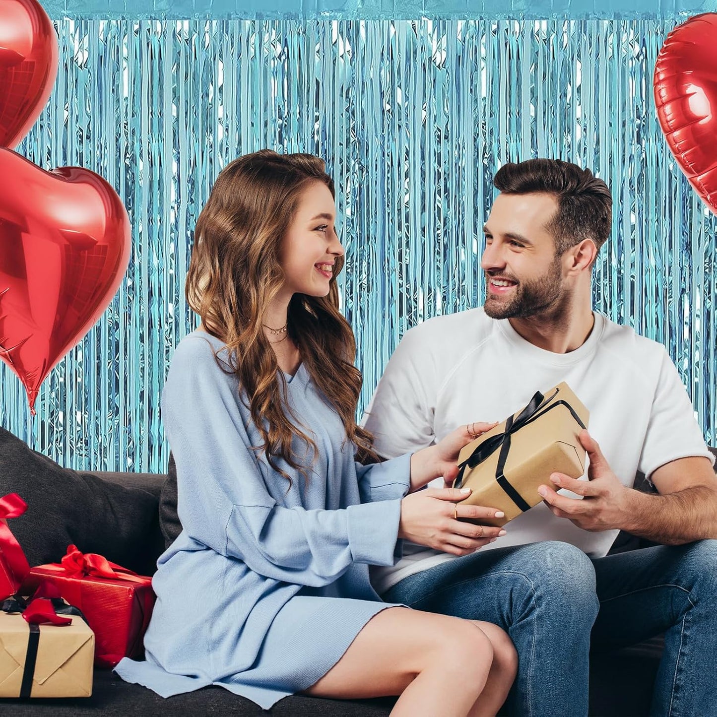 Light Blue Fringe Curtain Party Streamers, 12 Pack 3.3ft x 8.2 ft Foil Curtain Backdrop Tinsel Foil Fringe Curtains Photo Booth Backdrop Streamer for Birthday, Wedding, Baby Shower, Disco Party