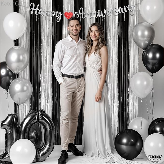 KatchOn, XtraLarge Black and Silver Fringe Curtain - 3.2x8 Feet, Pack of 2 | NYE Backdrop | Silver and Black Decorations | Black and White Streamers for New Years Decorations 2026 | New Years Curtain