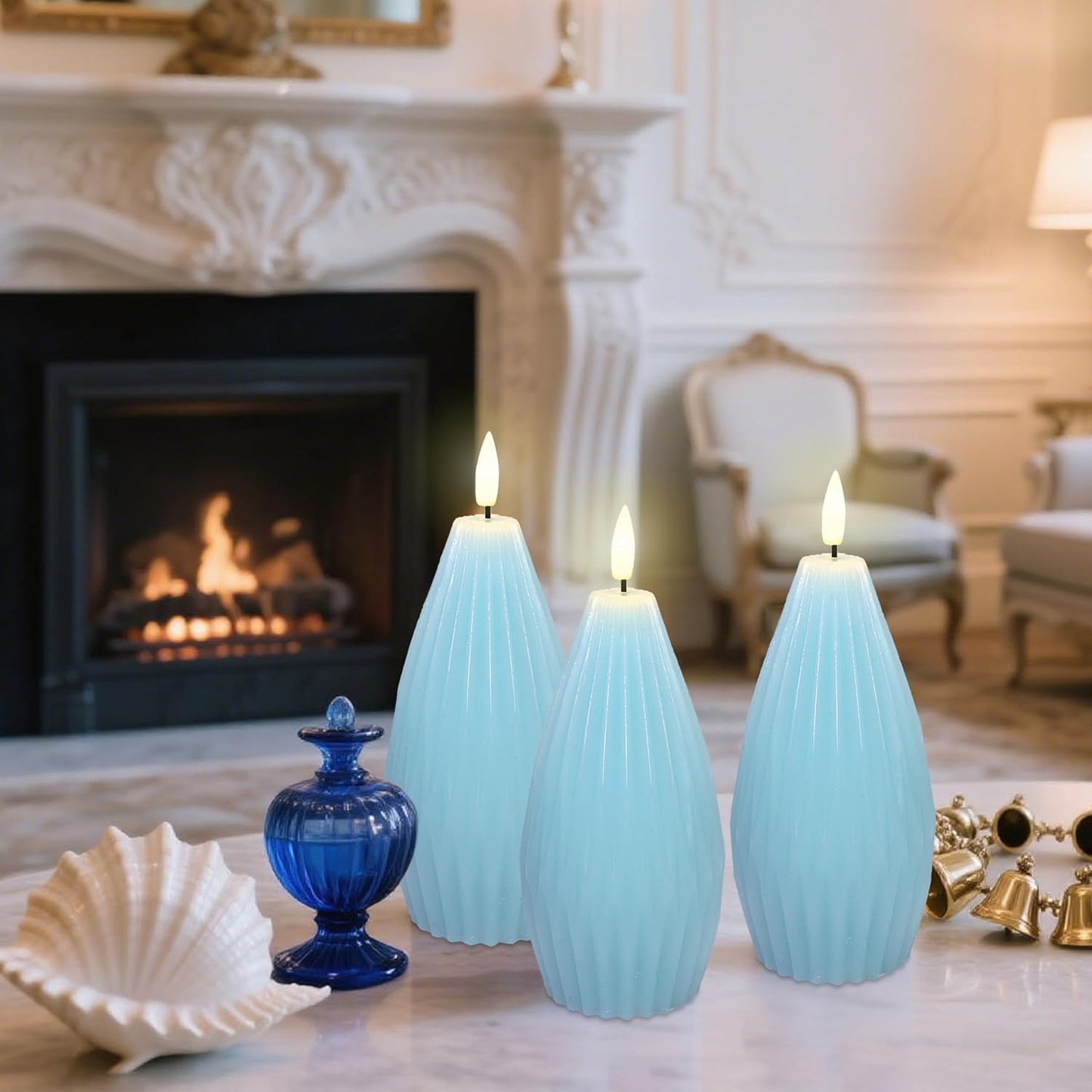 Silverstro Ocean Flameless Candles Remote Irregular Polygon Ribbed Design Real Wax Flicker Battery Operated Candles for Home Party Wedding Thanksgiving Christmas Nautical Decor - Set of 3(Blue)