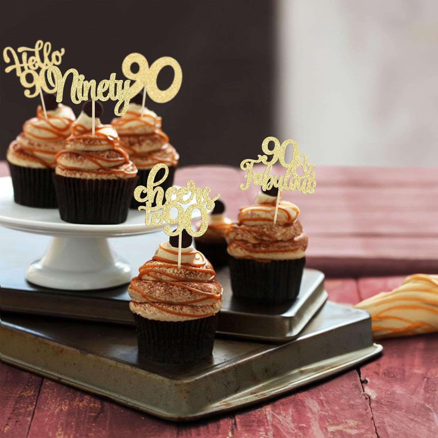 30pcs Happy 90th Birthday Cupcake Toppers - Gold Glitter Ninety Cheers to 90 Years Old Cupcake Picks for Anniversary Party Cake Decorations