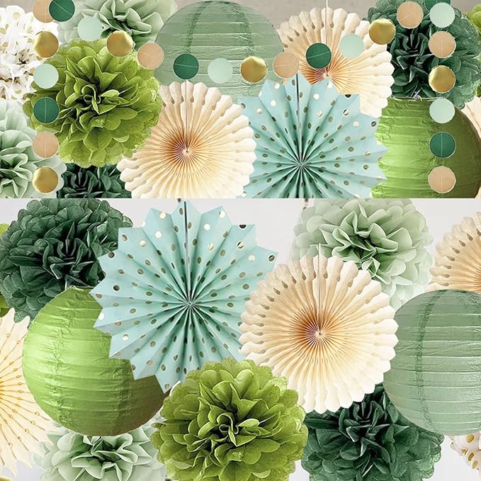 Olive Sage Green Birthday Party Decorations Sage Birthday Party Décor Tissue Paper Pom Poms Flowers Paper Fans Circle Dot Garlands Olive Green Party Neutral Birth day Decorations for Women Girls Boys