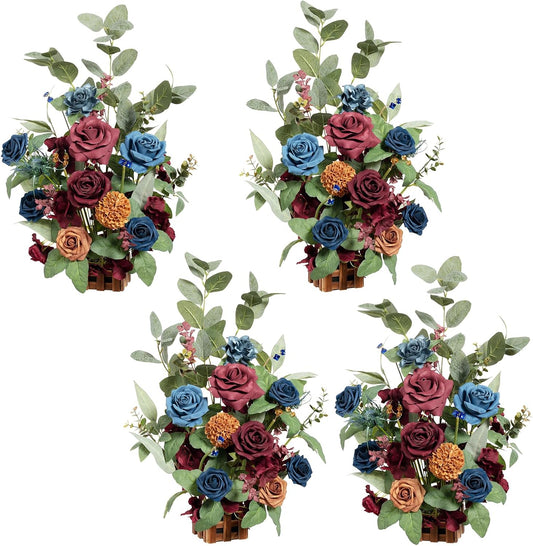 Ling's Moment 17.5" Tall Standing Artificial Flowers Arrangements 4pcs Fall Wedding Aisle Runner Chair Decorations Burgundy & Navy Blue Centerpieces for Ceremony Reception Rose Floral Party Outdoor