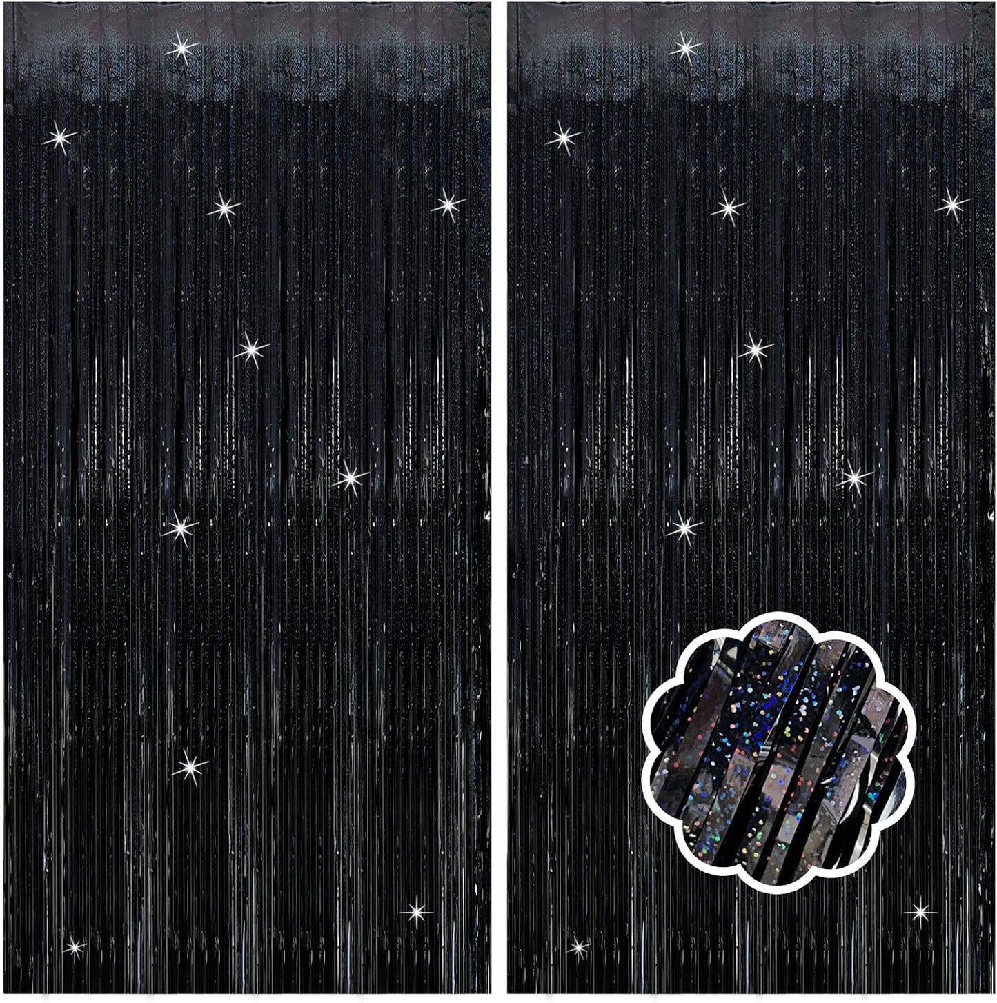 2 Pack Black Foil Fringe Curtain Backdrop Black Streamers Tinsel Backdrop Halloween Party Decor Birthday Wednesday Graduation Wizard Party Decorations for Men