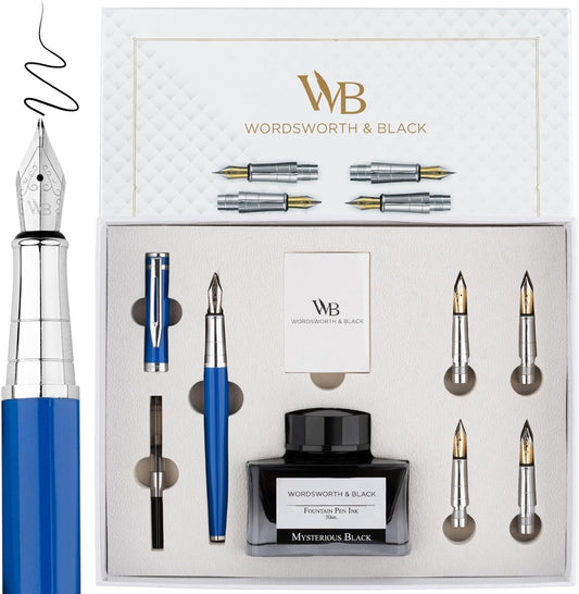 Wordsworth & Black Fountain Pen Gift Set, Includes Bottle, 6 Cartridges, Refill Converter, 4 Replacement Nibs, Premium Package, Journaling, Calligraphy, Smooth Writing Pens [Blue Chrome]