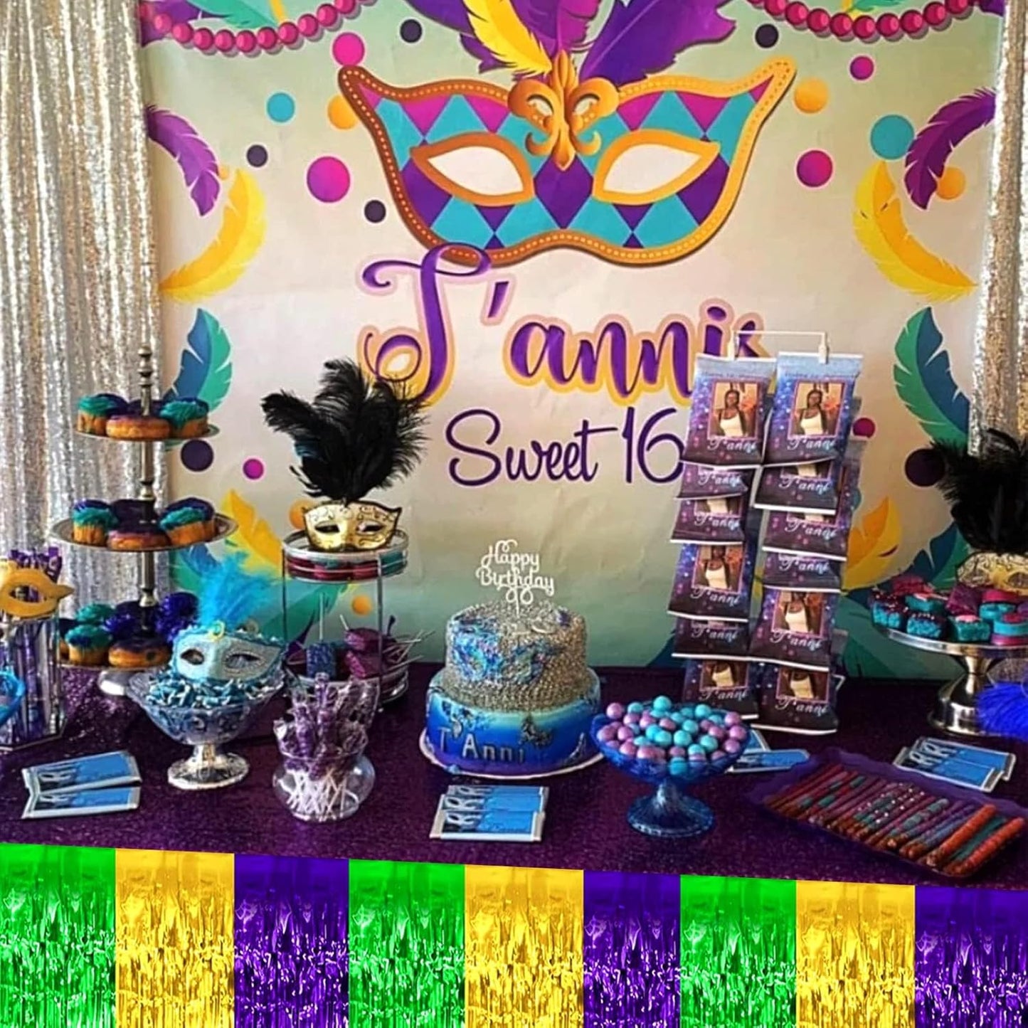 6 Pack 29x108 Inch Mardi Gras Metallic Foil Fringe Tinsel Table Skirts for Rectangle Tables Streamer Backdrop for Wedding, Birthday, Parade Floats, Carnival Party Decoration Gold Green Purple