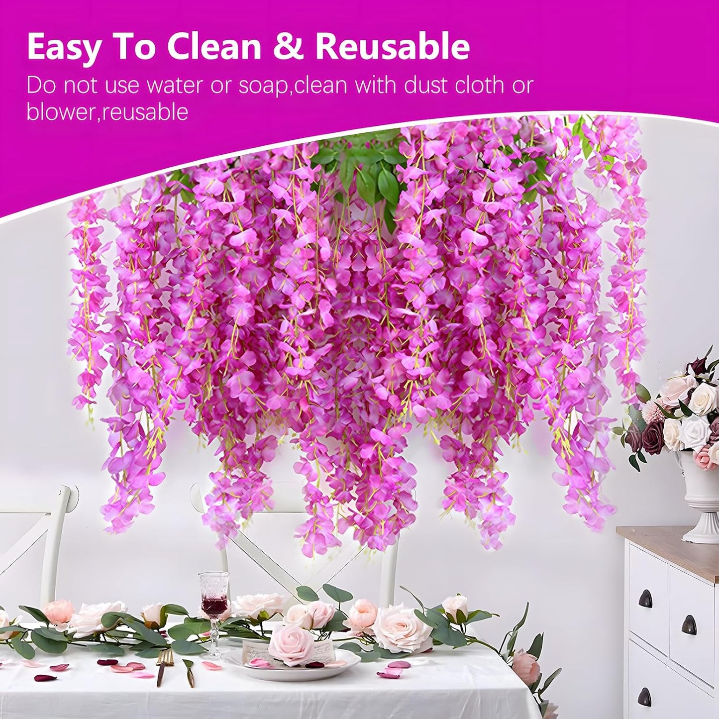 24 Pack Purple Red Wisteria Hanging Flowers, 3.4 Ft Fake Hanging Flowers, Artificial Wisteria Garland Vines for Wedding Room Backdrop Outdoor Patio Garden Decoration