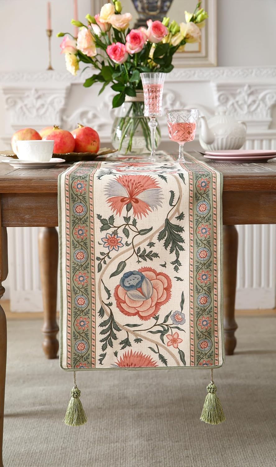 ISAENNE Designer Vintage Linen Extra Long Table Runner 118 Inches,Elegant Floral Pattern Wrinkle Resistant Table Runners for Dining Tables,Thanksgiving,Kitchen Tables,Christmas,12"*118"-Daffy B